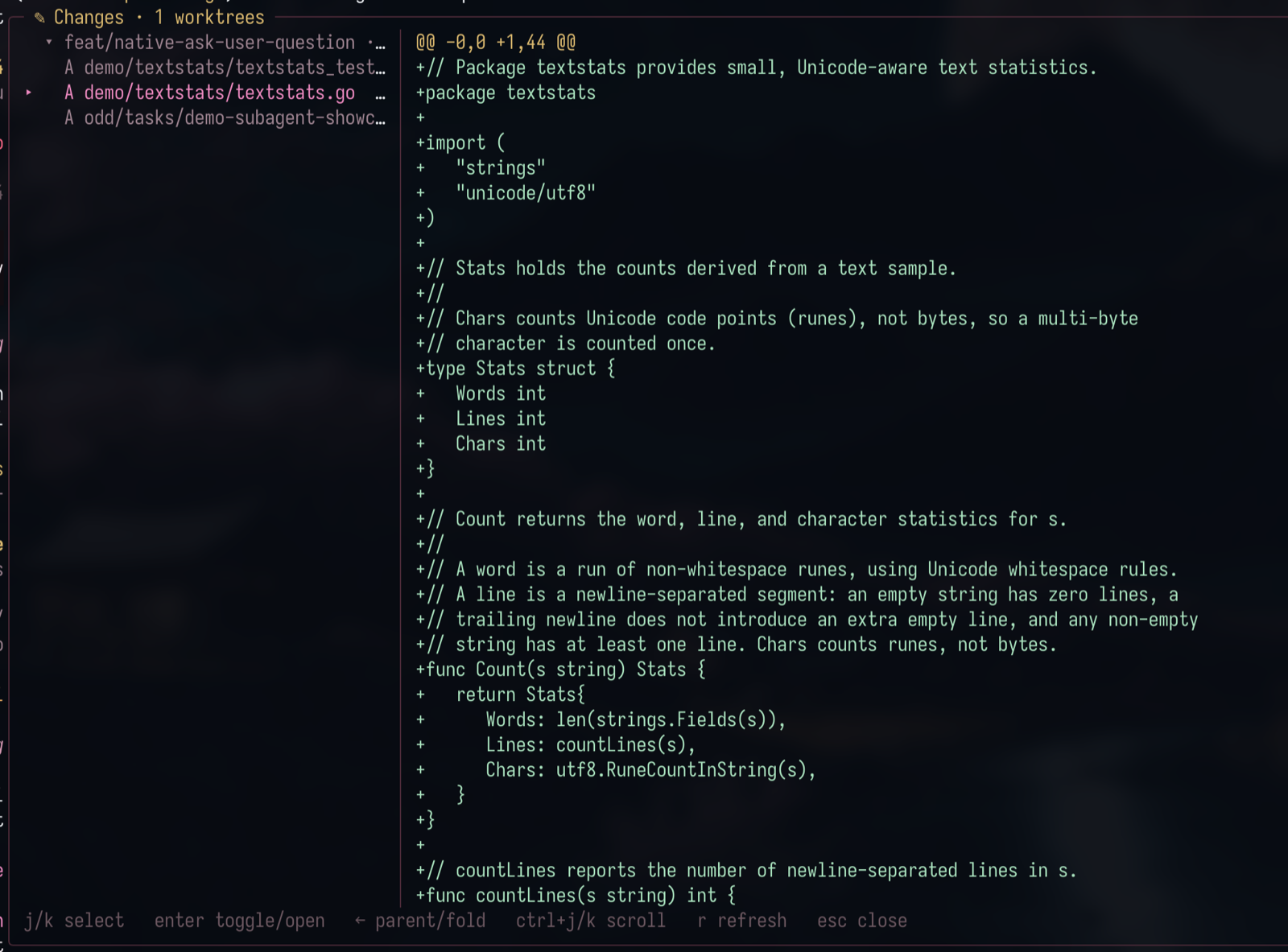 Gentle Changes viewer: worktree accordion with per-file status on the left, the captured diff with line counts on the right, and a keyboard hint row