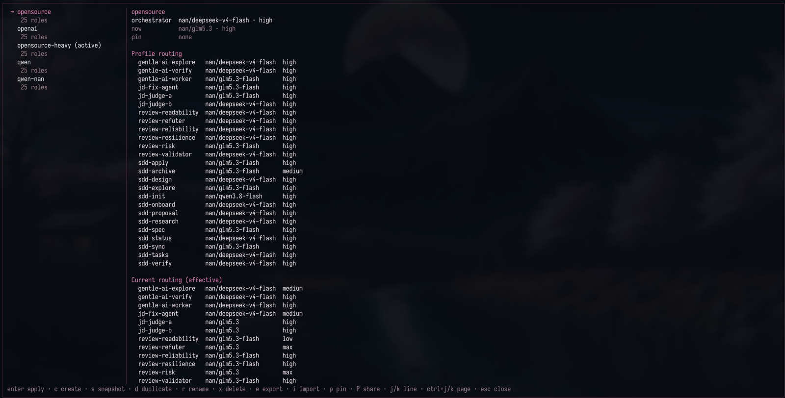 Profiles view: profile list on the left, orchestrator model and effort on the right, with per-role profile routing and effective current routing