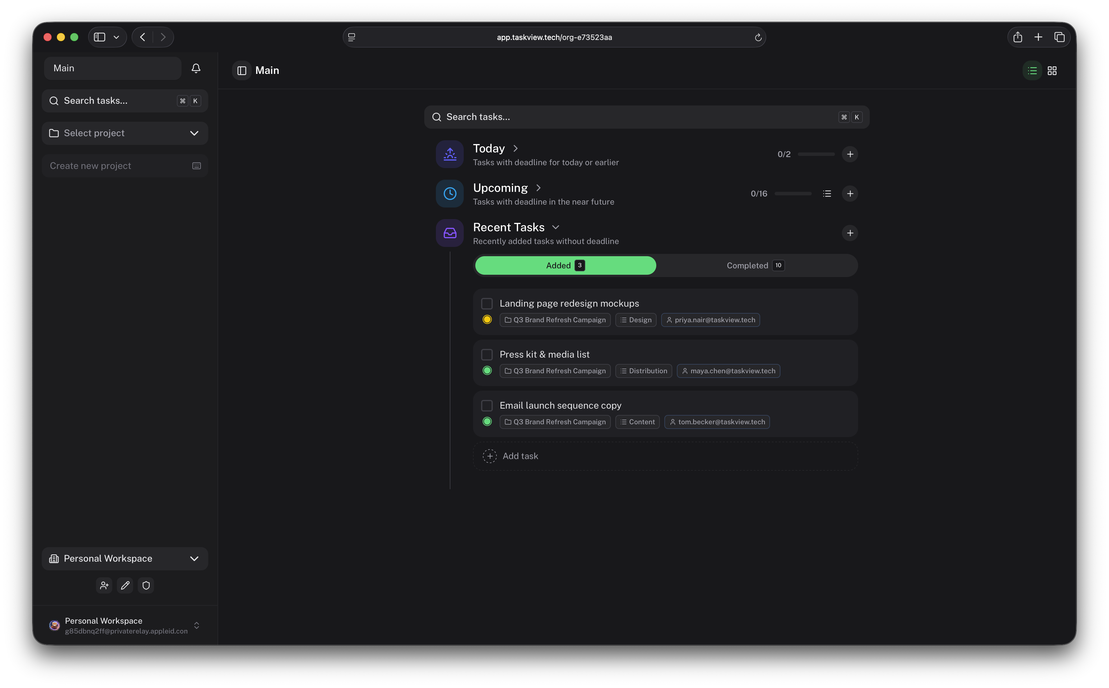 Recent tasks overview