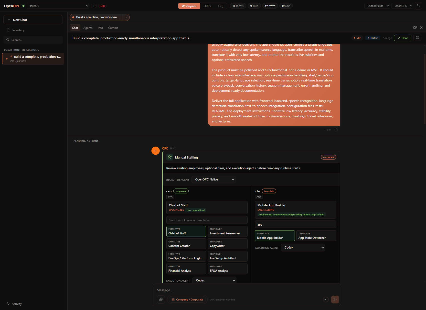 Workspace project, chat, mode, organization, and agent controls