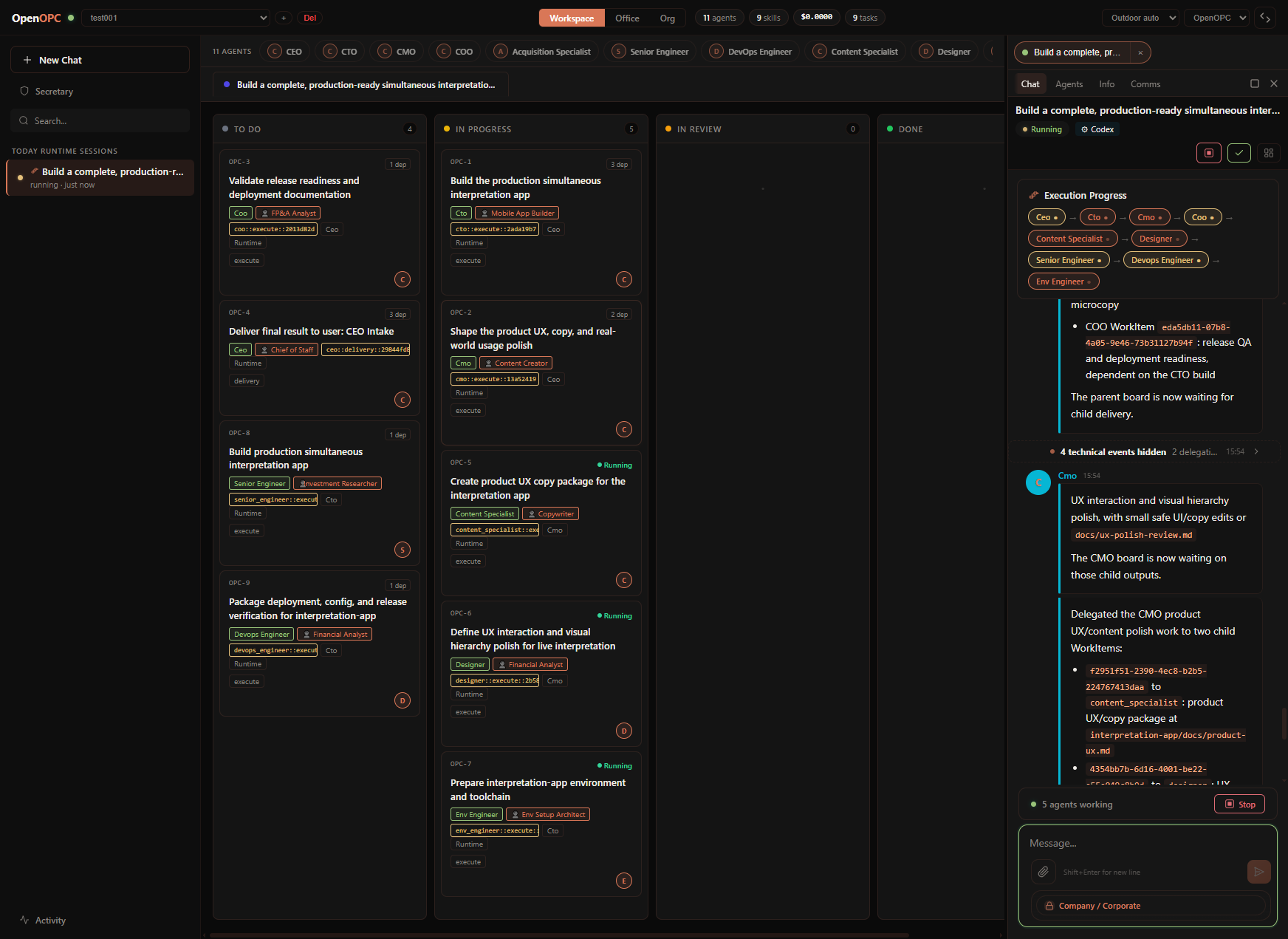 Kanban board showing agent work items and status