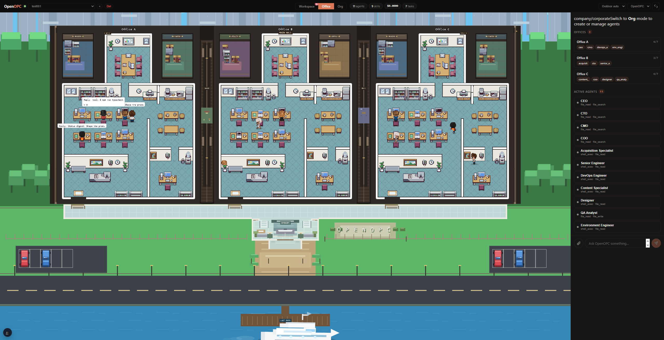 Animated office view showing what each role is doing