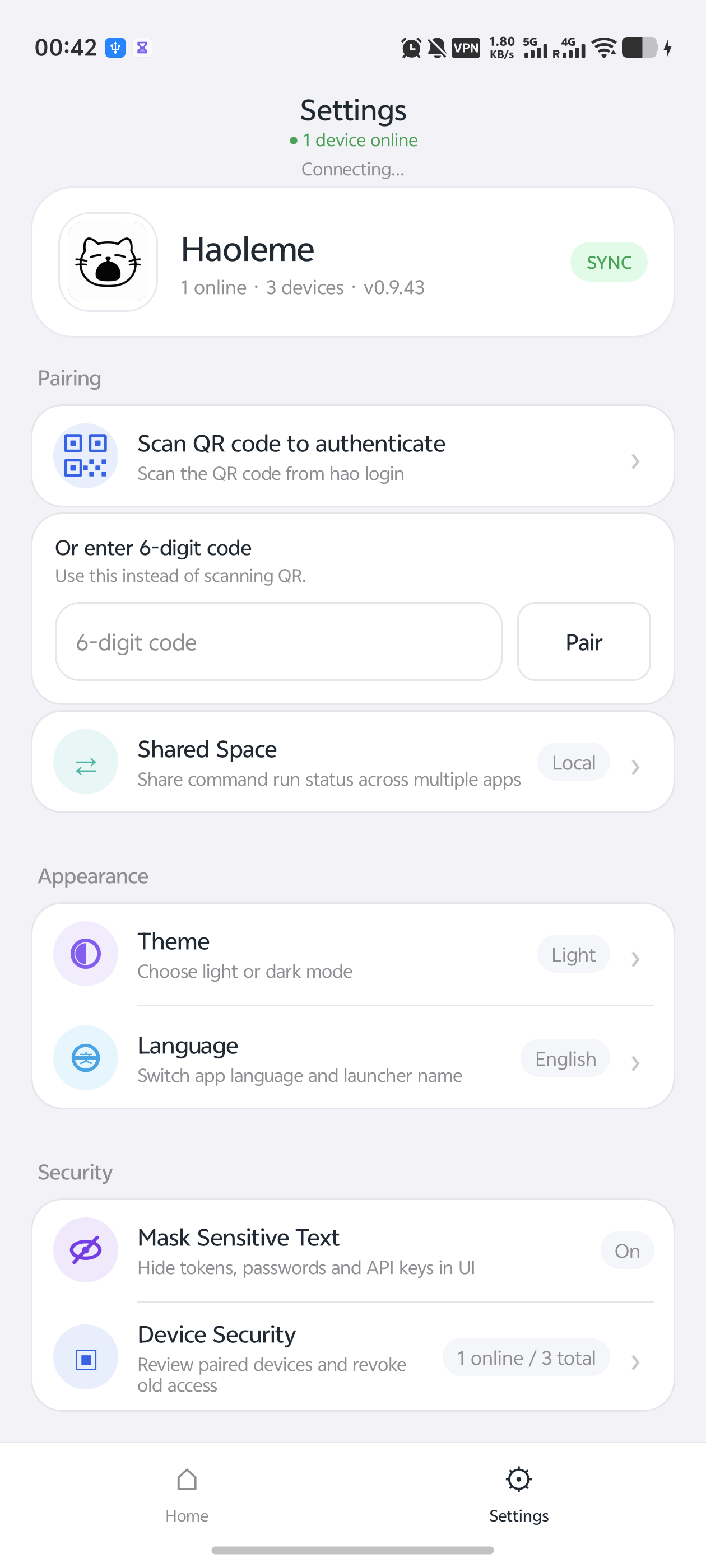 Settings and pairing