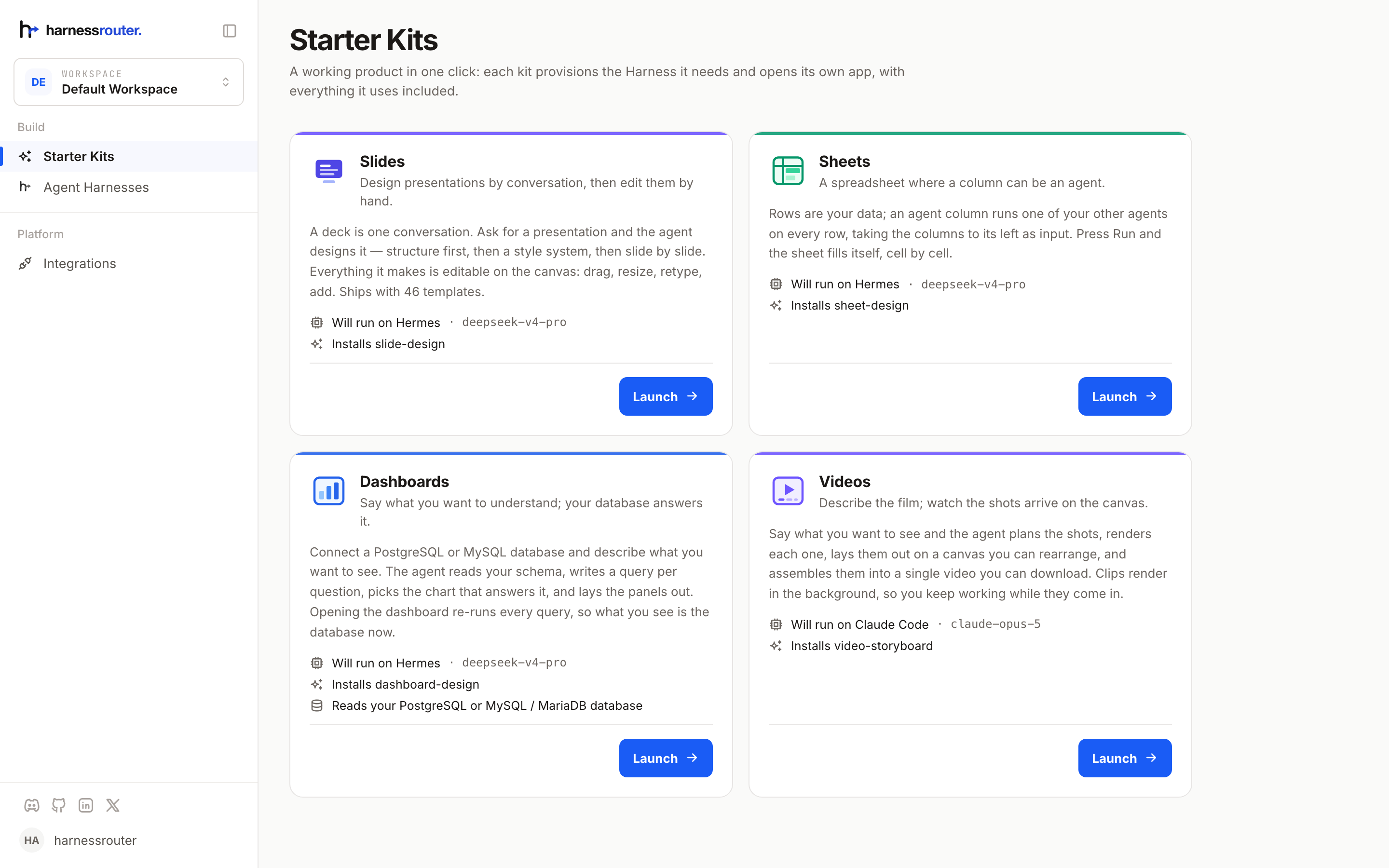 The Starter Kits page, before any kit has been launched