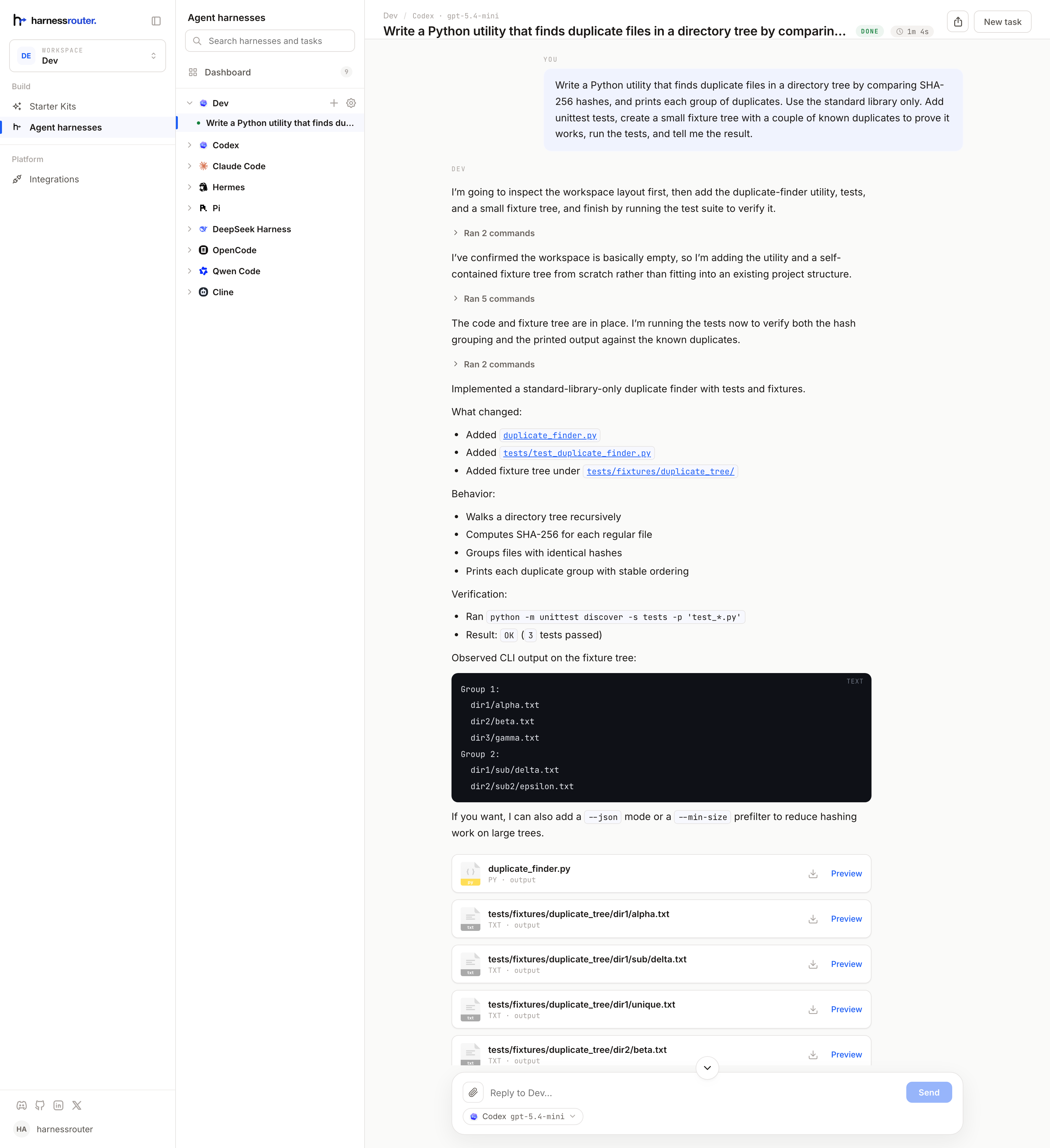 A task: the request, the commands, the files it wrote, and the test result