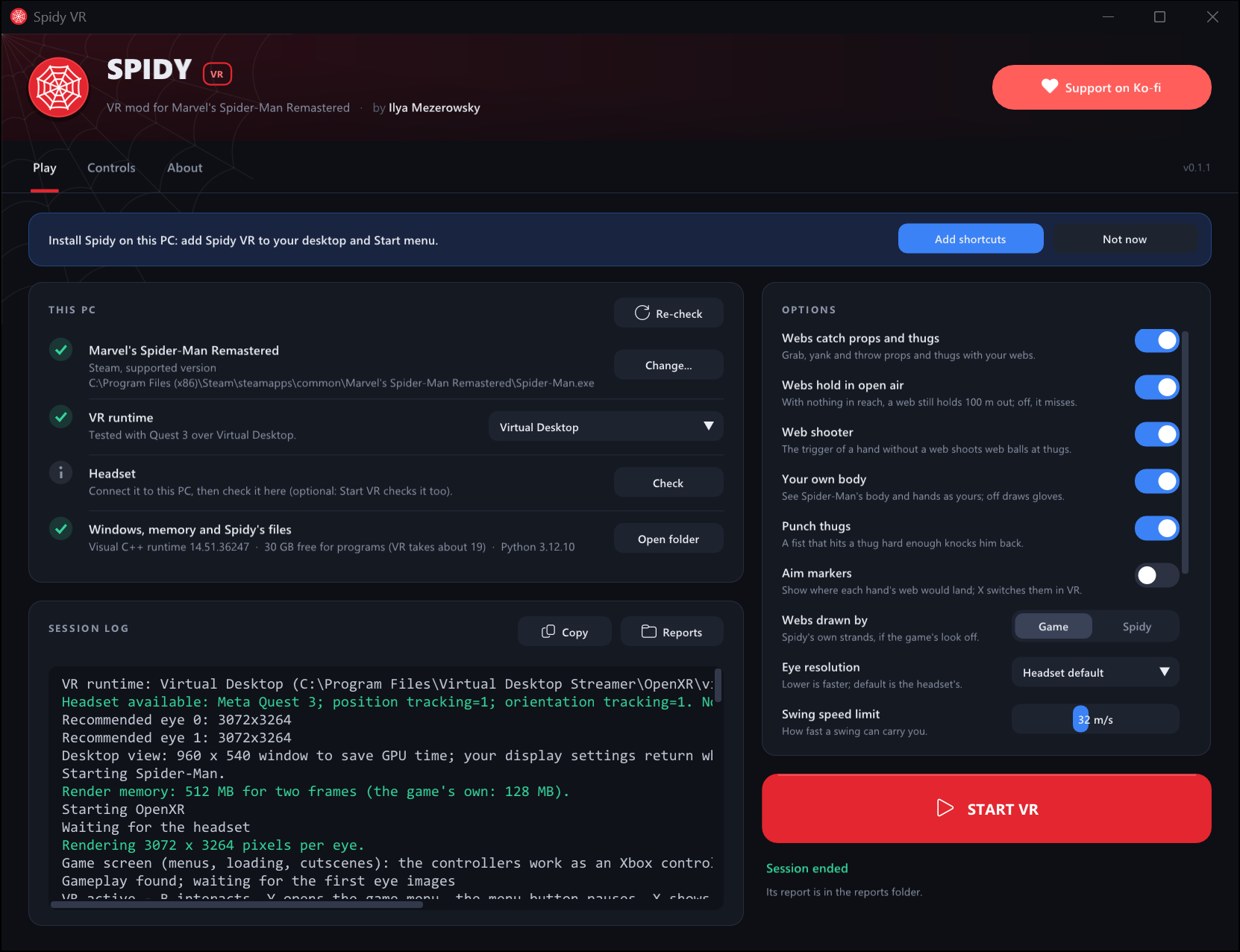 Spidy Launcher: checks for the game, VR runtime, headset and memory, VR options, and START VR