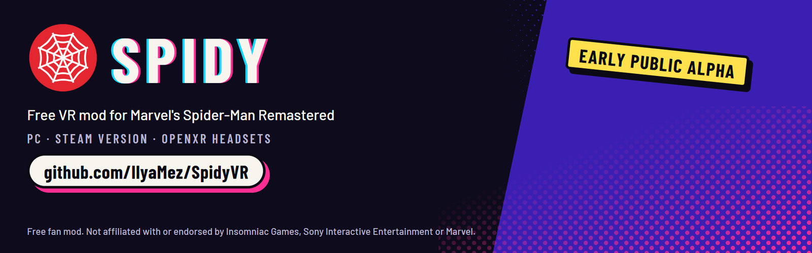 Spidy: free VR mod for Marvel's Spider-Man Remastered. PC, Steam version, OpenXR headsets. Early public alpha.
