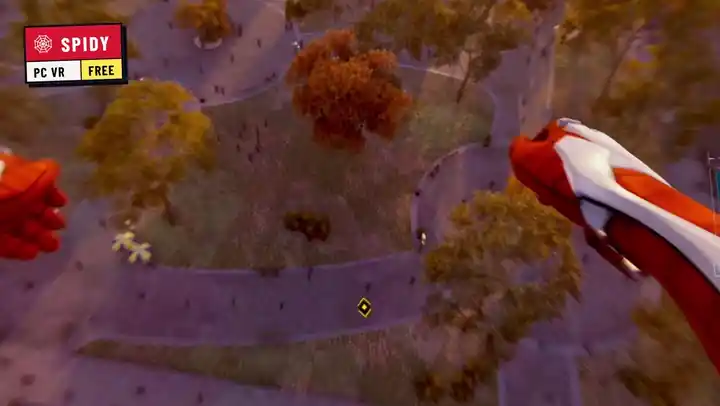 Gameplay recorded in the headset: a swing over a park steered by the arms, a web fired down an avenue, and a fight where arrows call the next blow