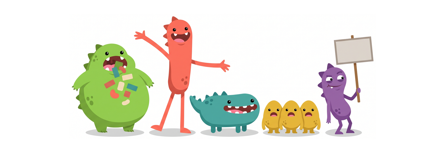 The five SlopMonster mascots, one for each scoring category