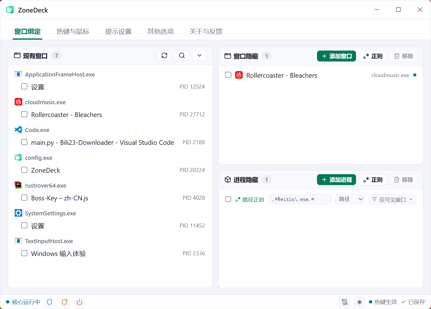 ZoneDeck 设置窗口绑定页