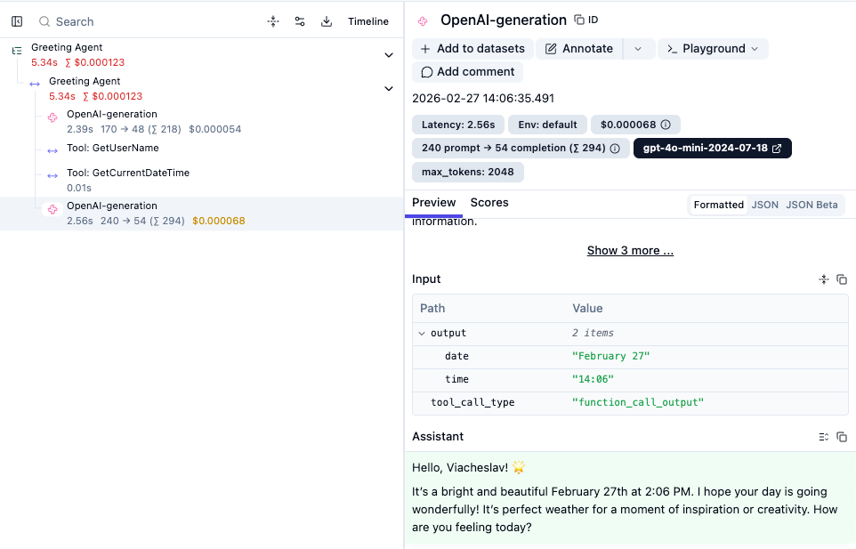 Langfuse trace showing the Greeting Agent span tree with tool calls and the final OpenAI generation