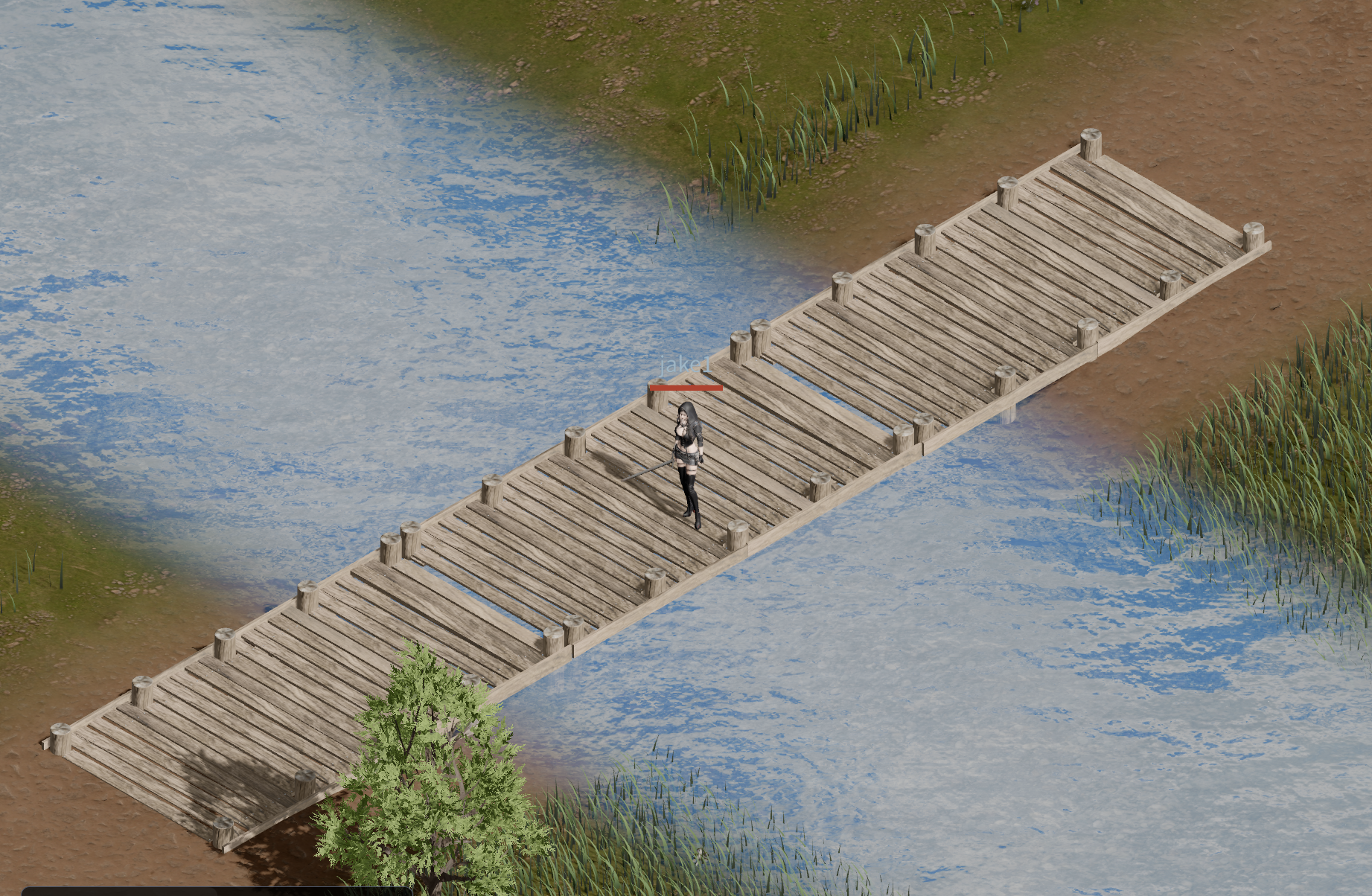 Auto-placed wooden bridge spanning a procedural river