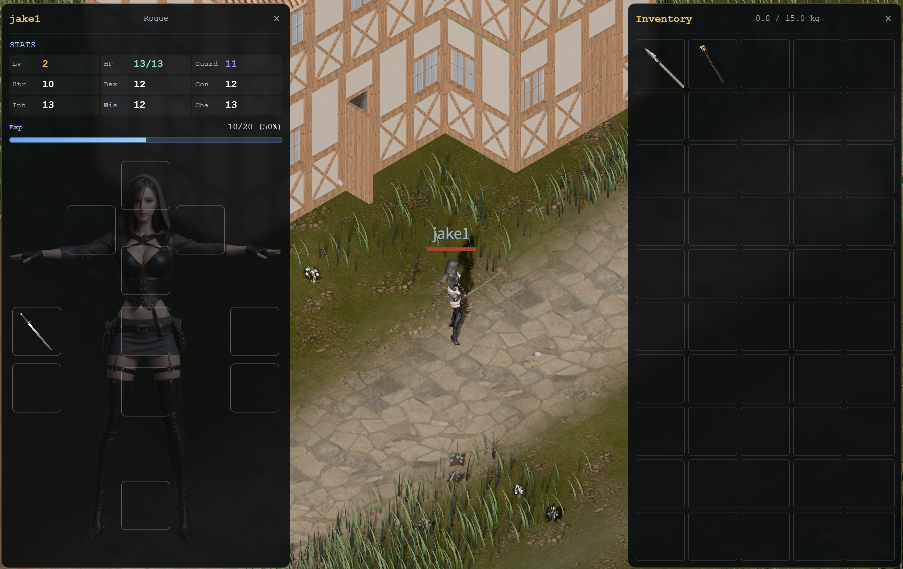 Character sheet with stats, equipment paper-doll, and inventory