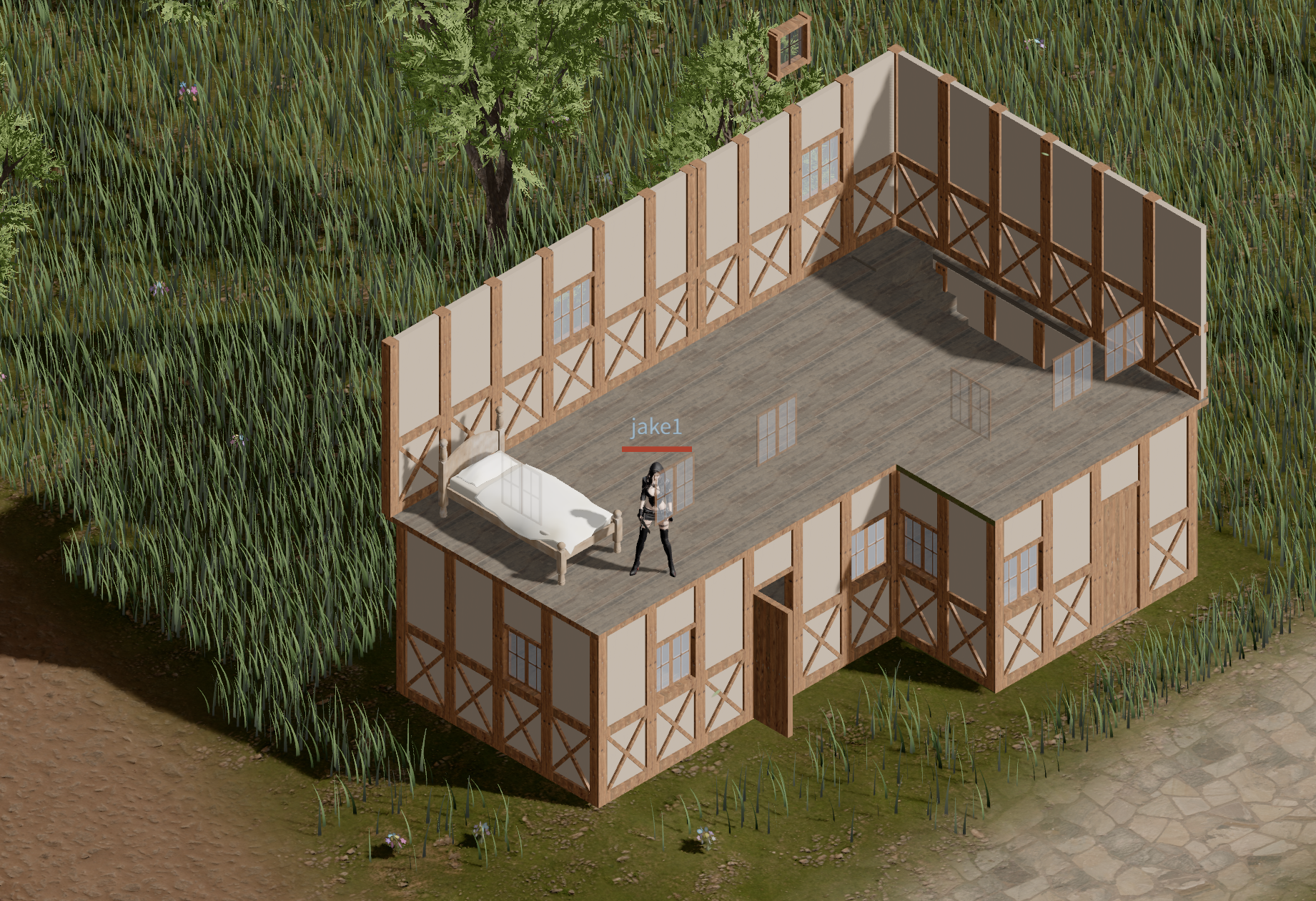 Player-built timber-framed house with bed