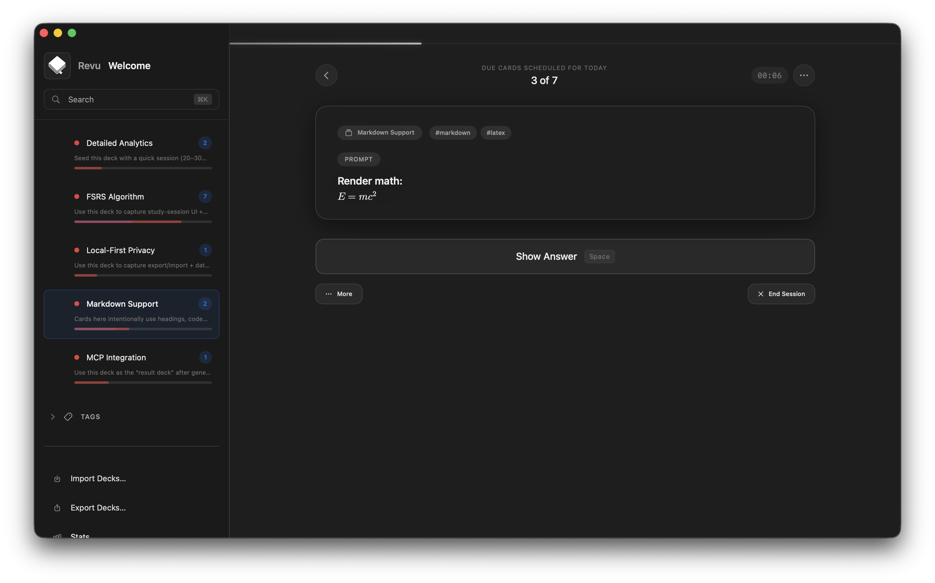 Review session with markdown rendering and math support