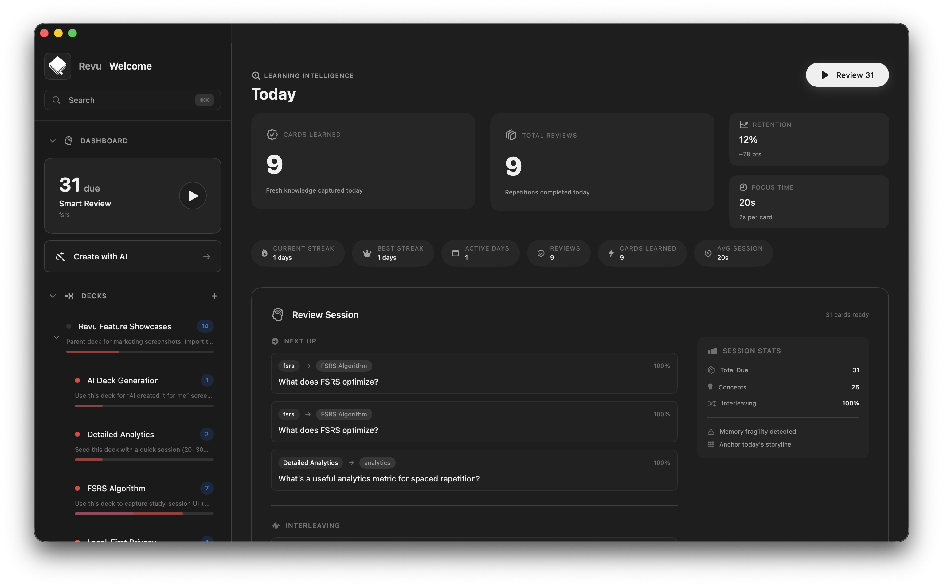 Revu dashboard showing today's review session, learning intelligence stats, and deck sidebar