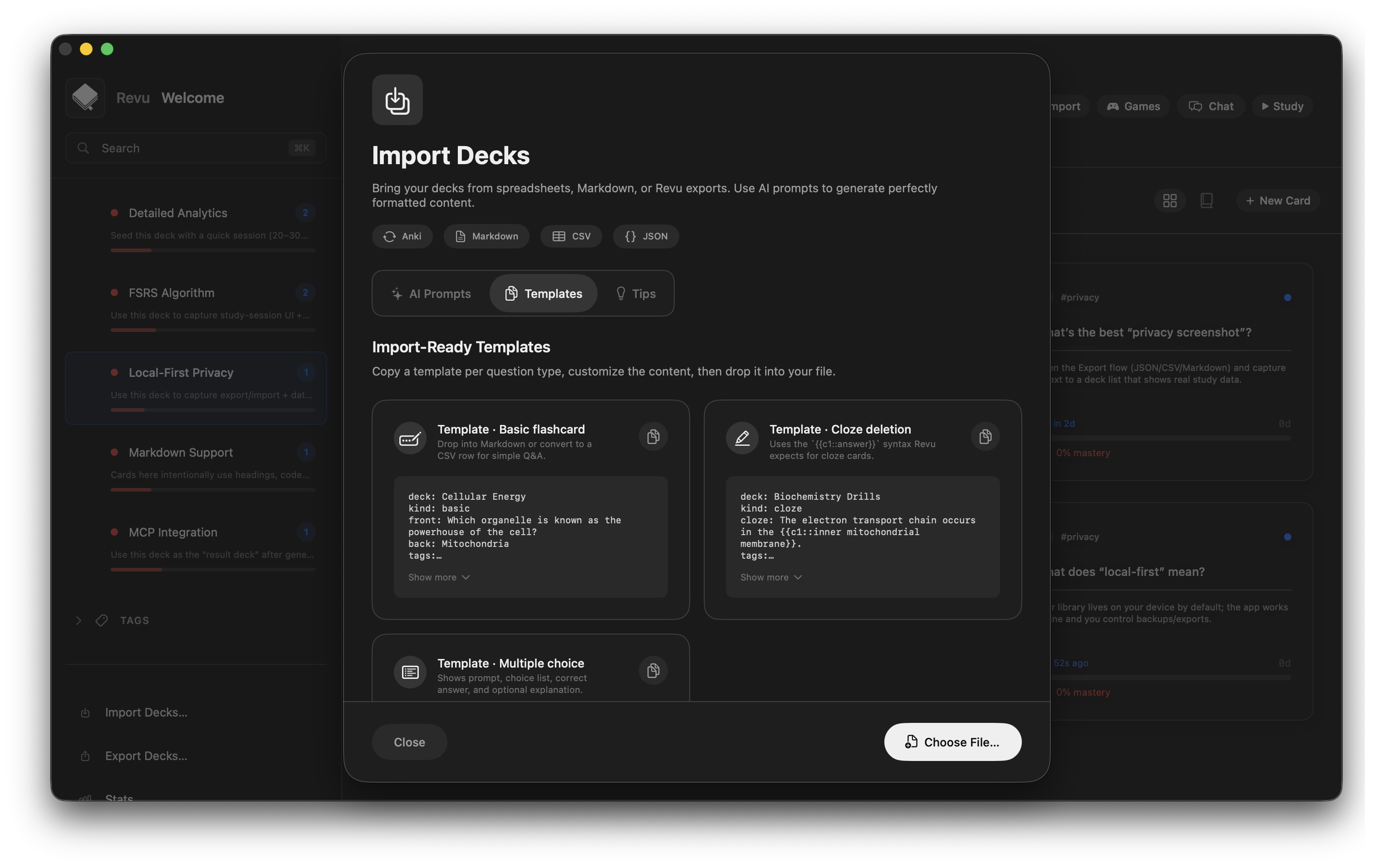 Import workflow with template selection for Anki, Markdown, CSV, and JSON