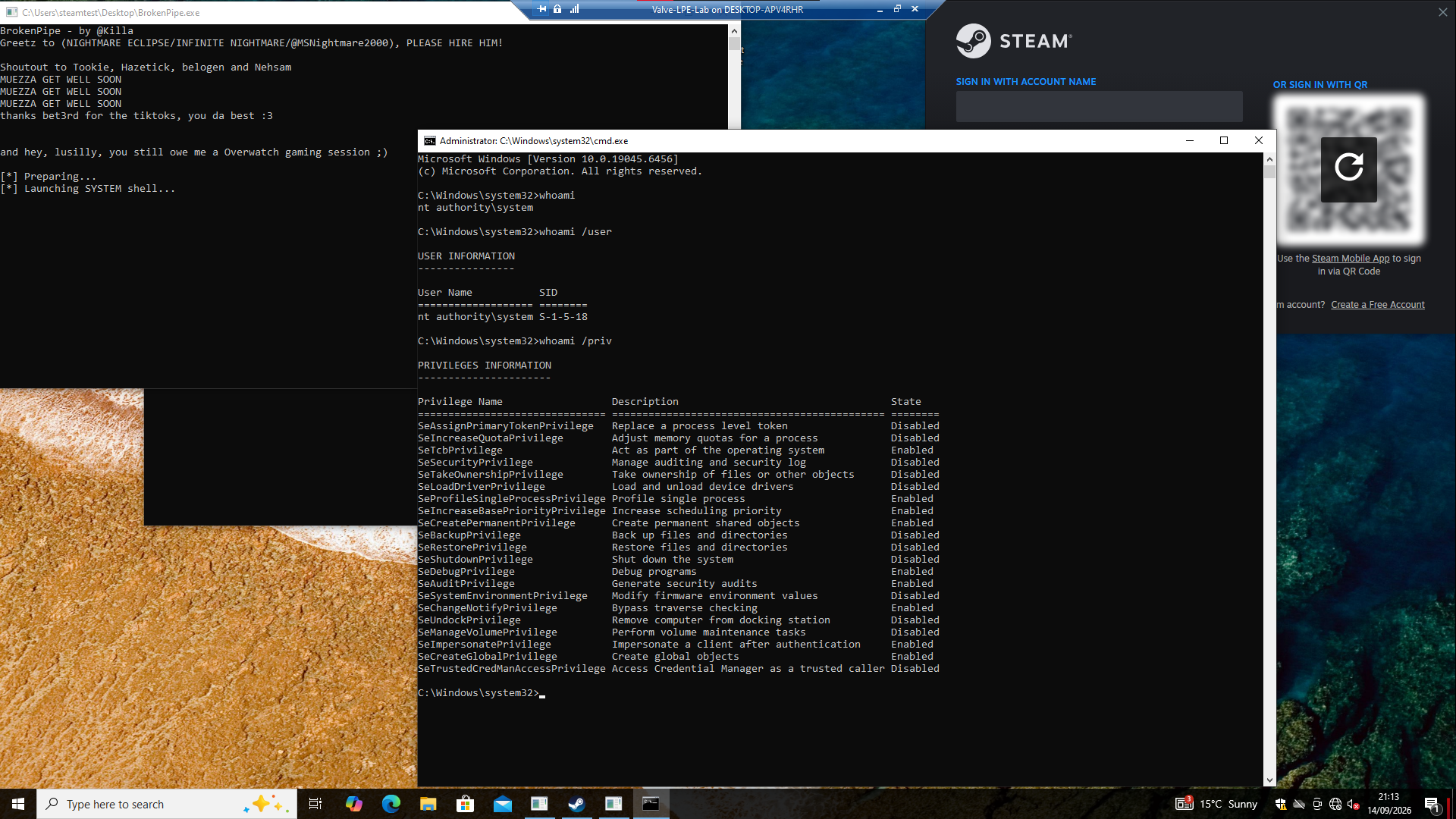 BrokenPipe launching an NT AUTHORITY\SYSTEM command prompt