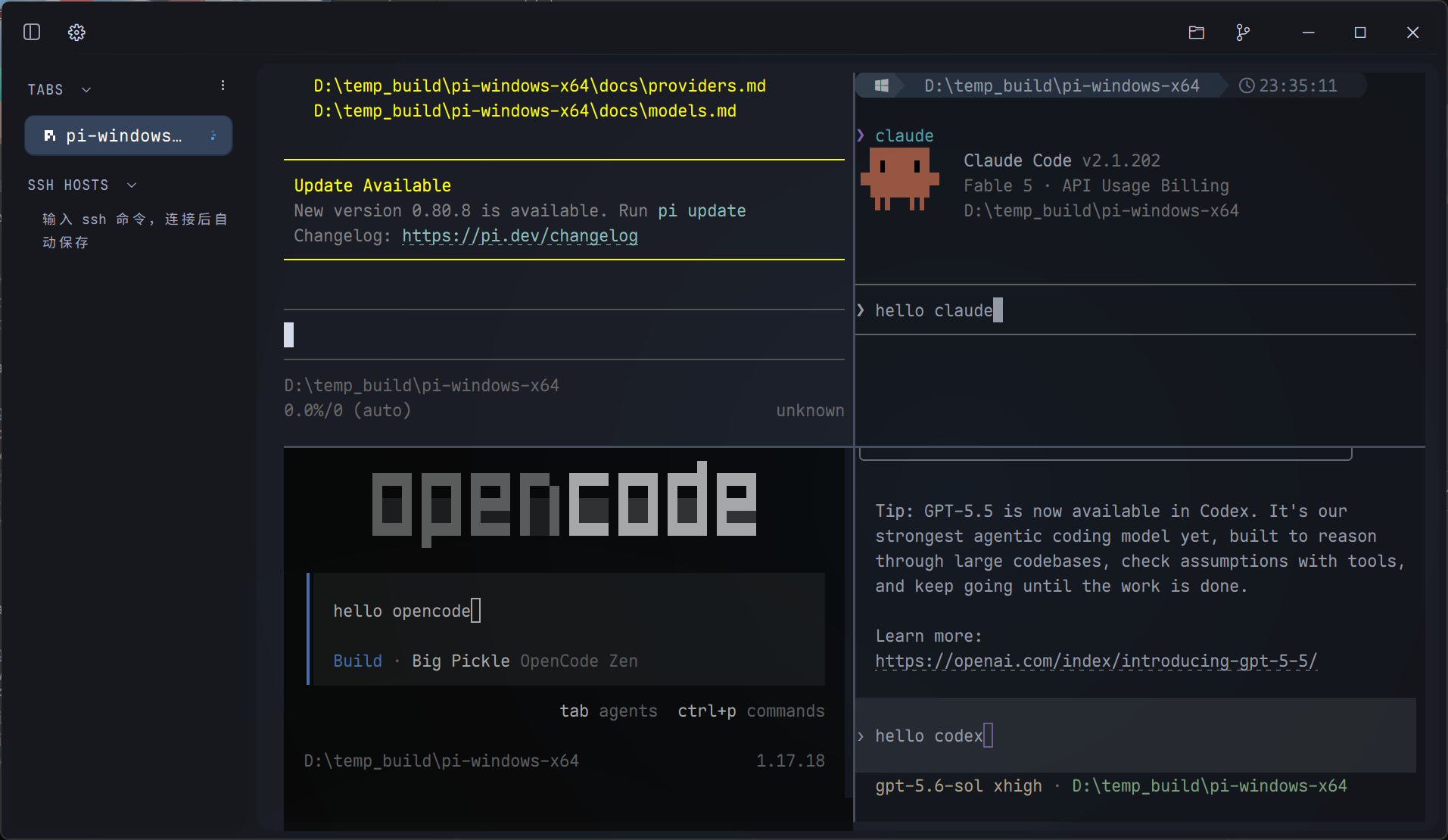 OpenCode, Claude Code, and Codex in split panes