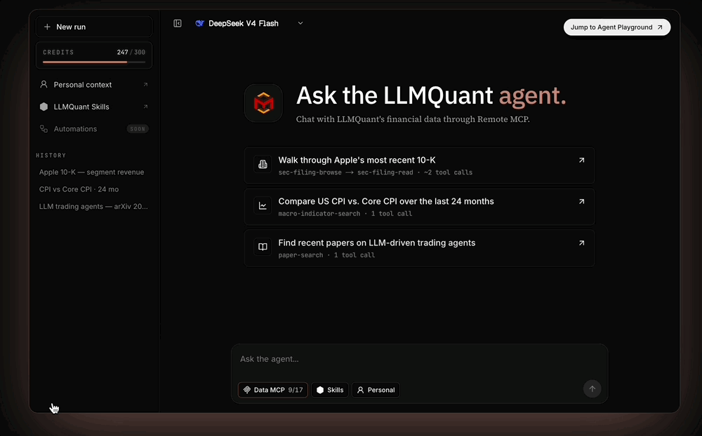 LLMQuant Agent Playground demo — Data MCP and Skills in action