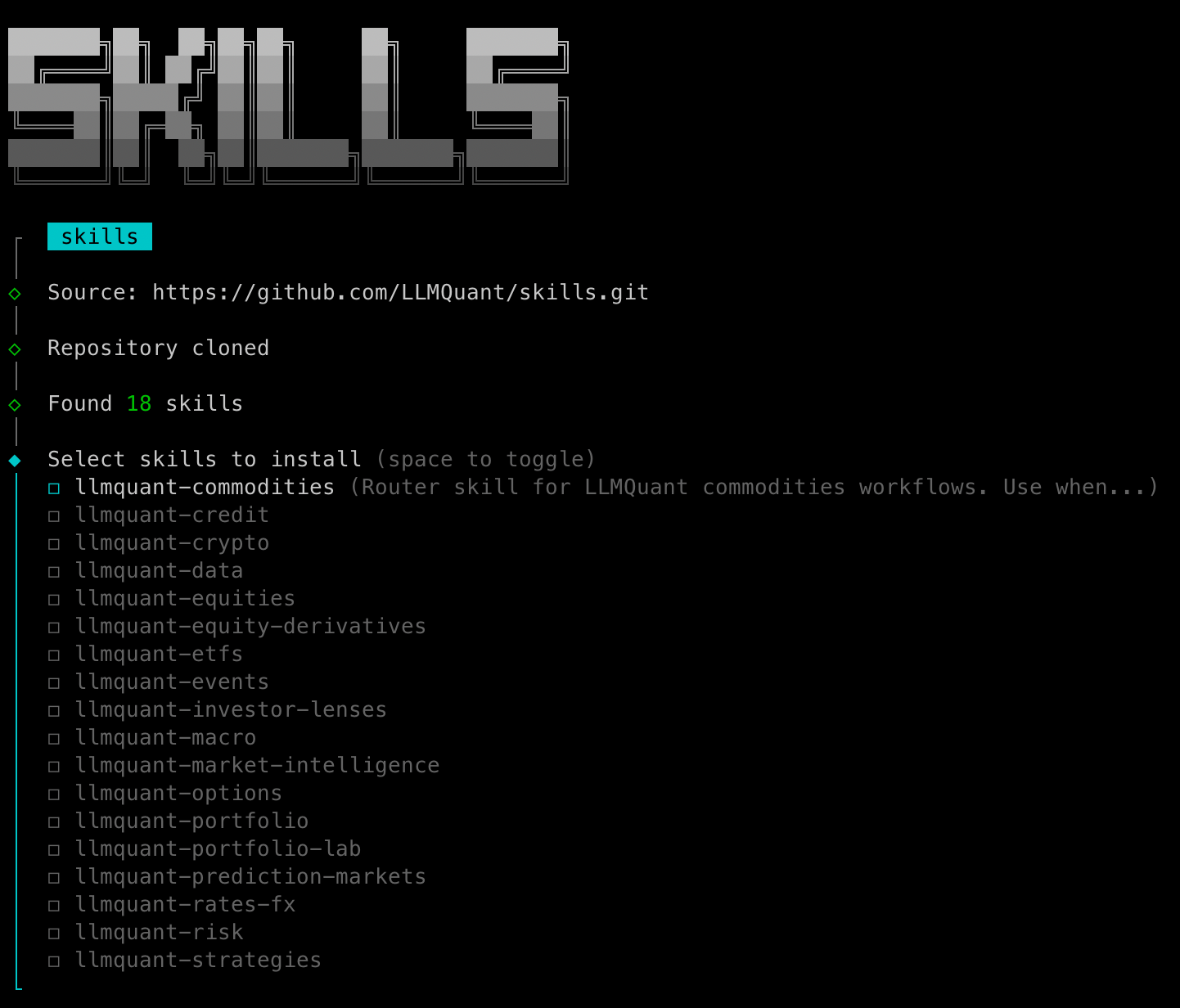 Selecting LLMQuant skills with npx skills add