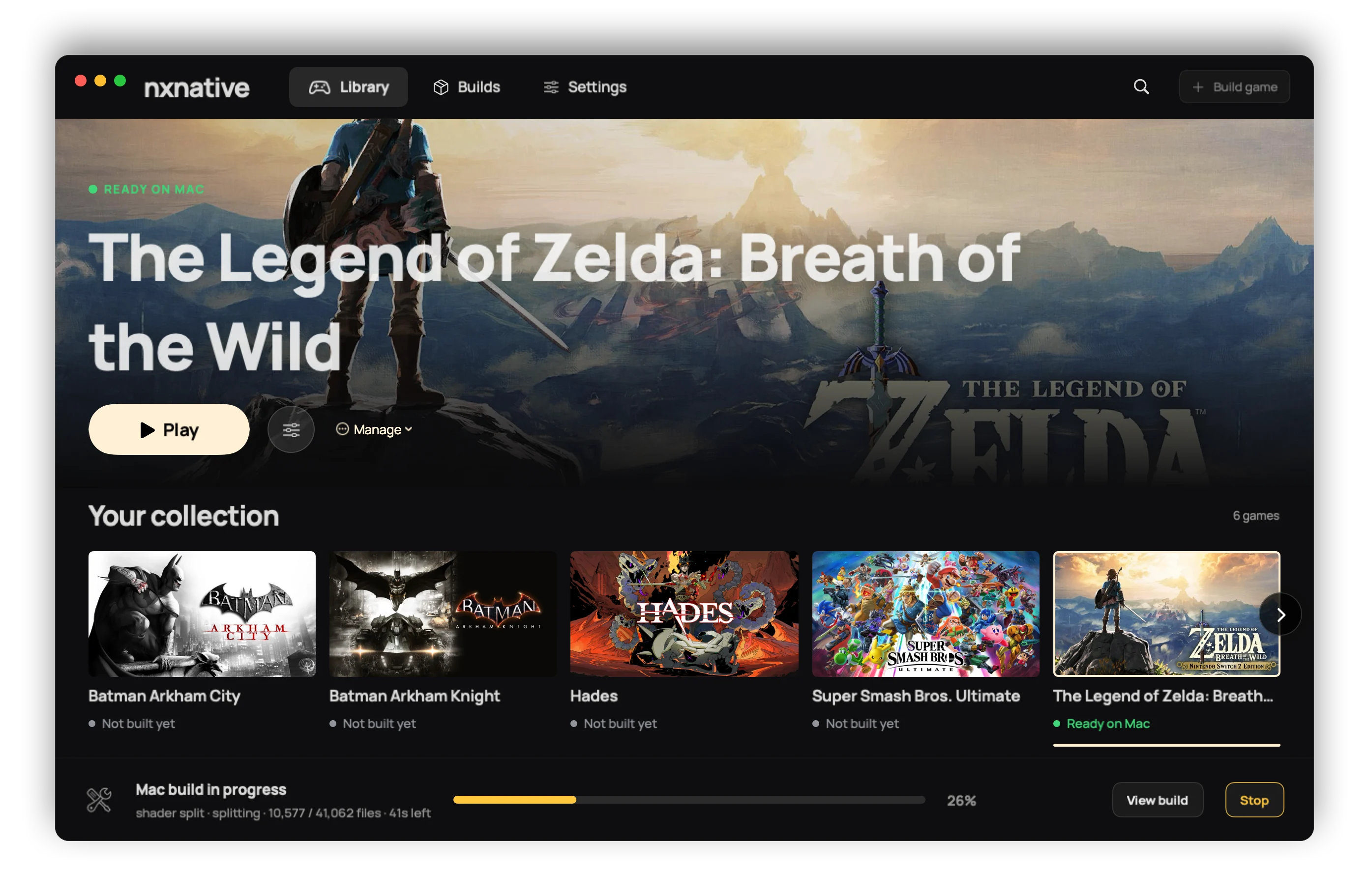 The launcher: a library of built games, one build in progress