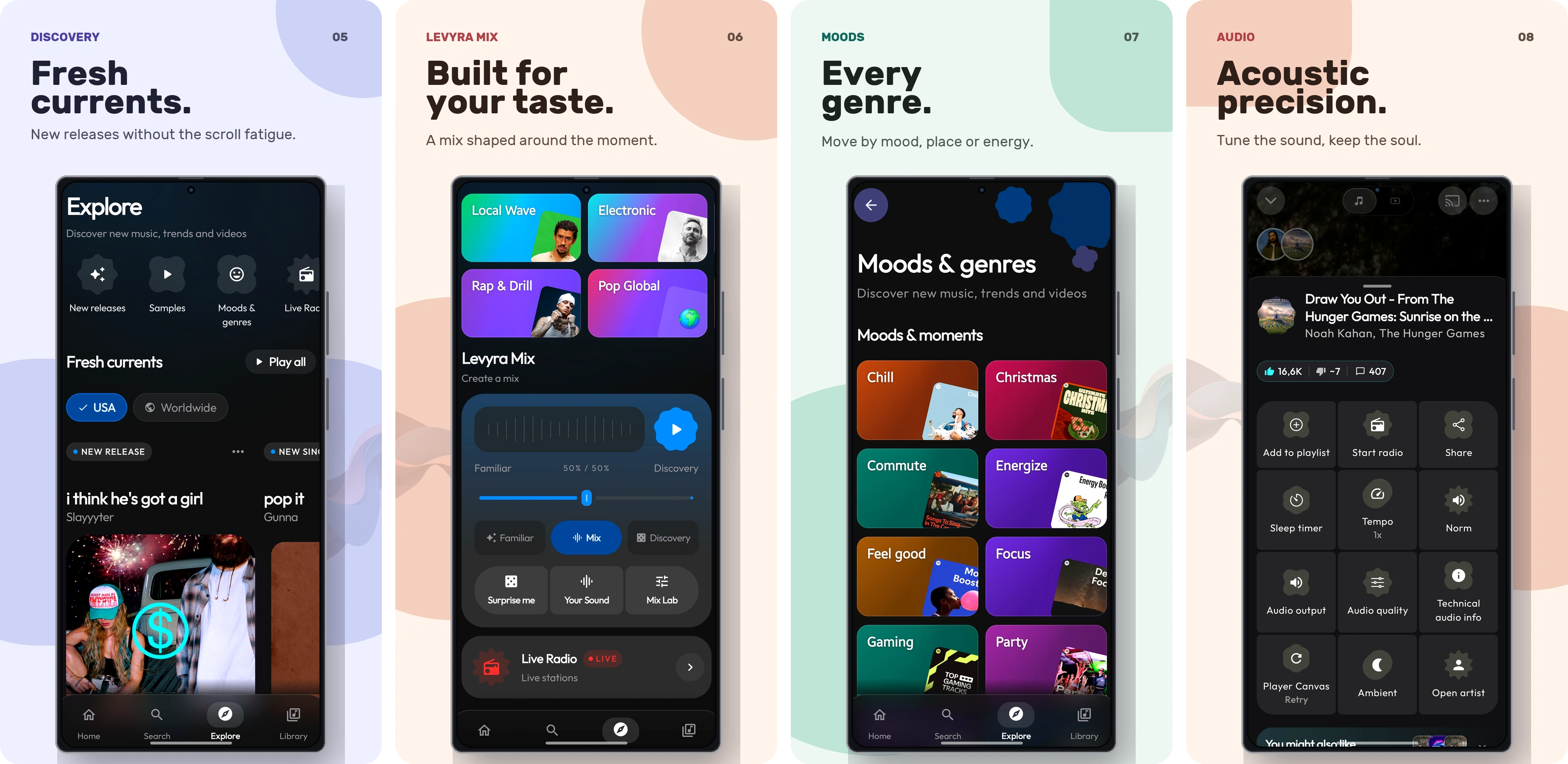 Levyra showcase: discovery, mixes, moods, and audio controls
