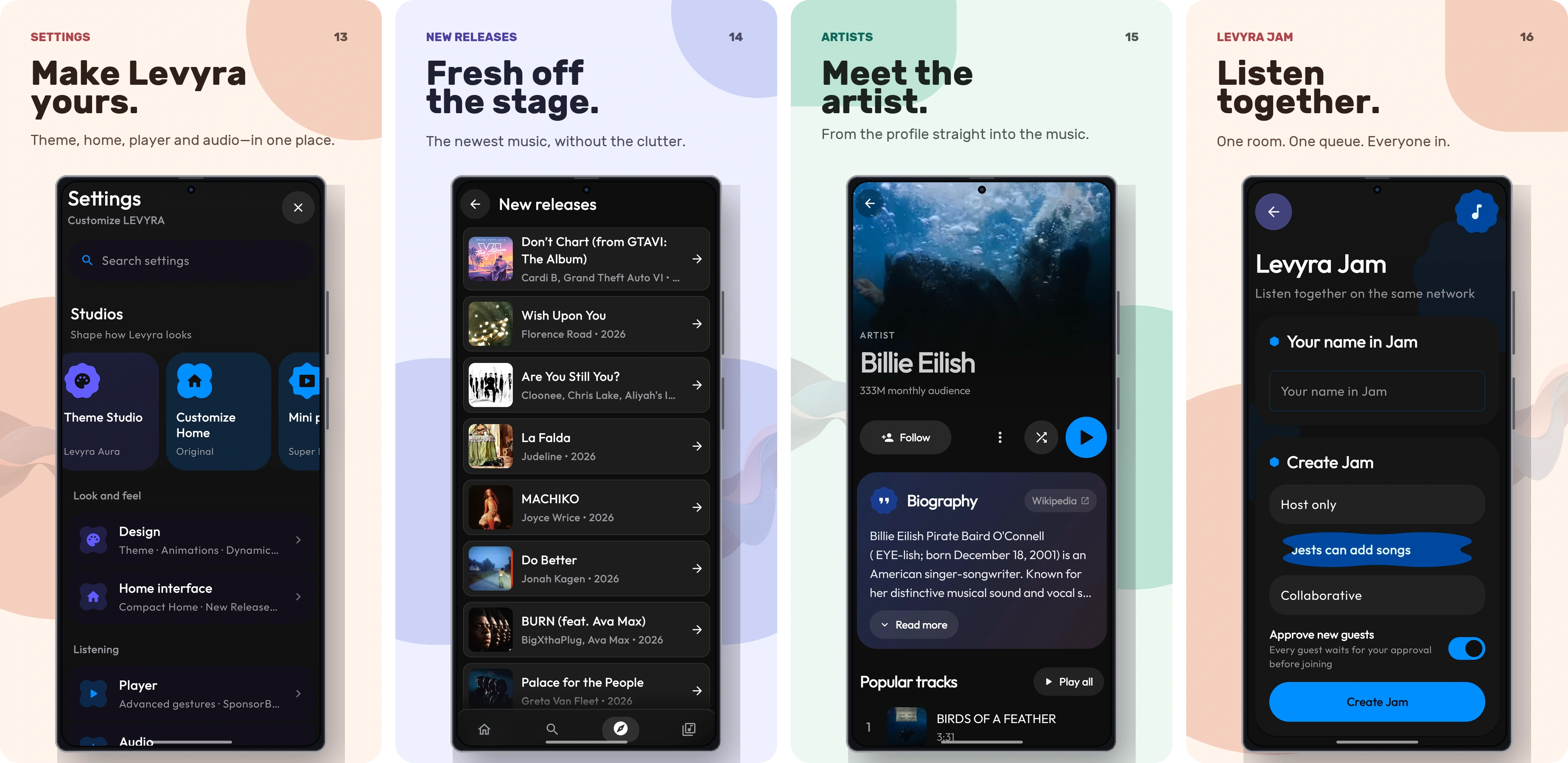 Levyra showcase: settings, new releases, artists, and Jam