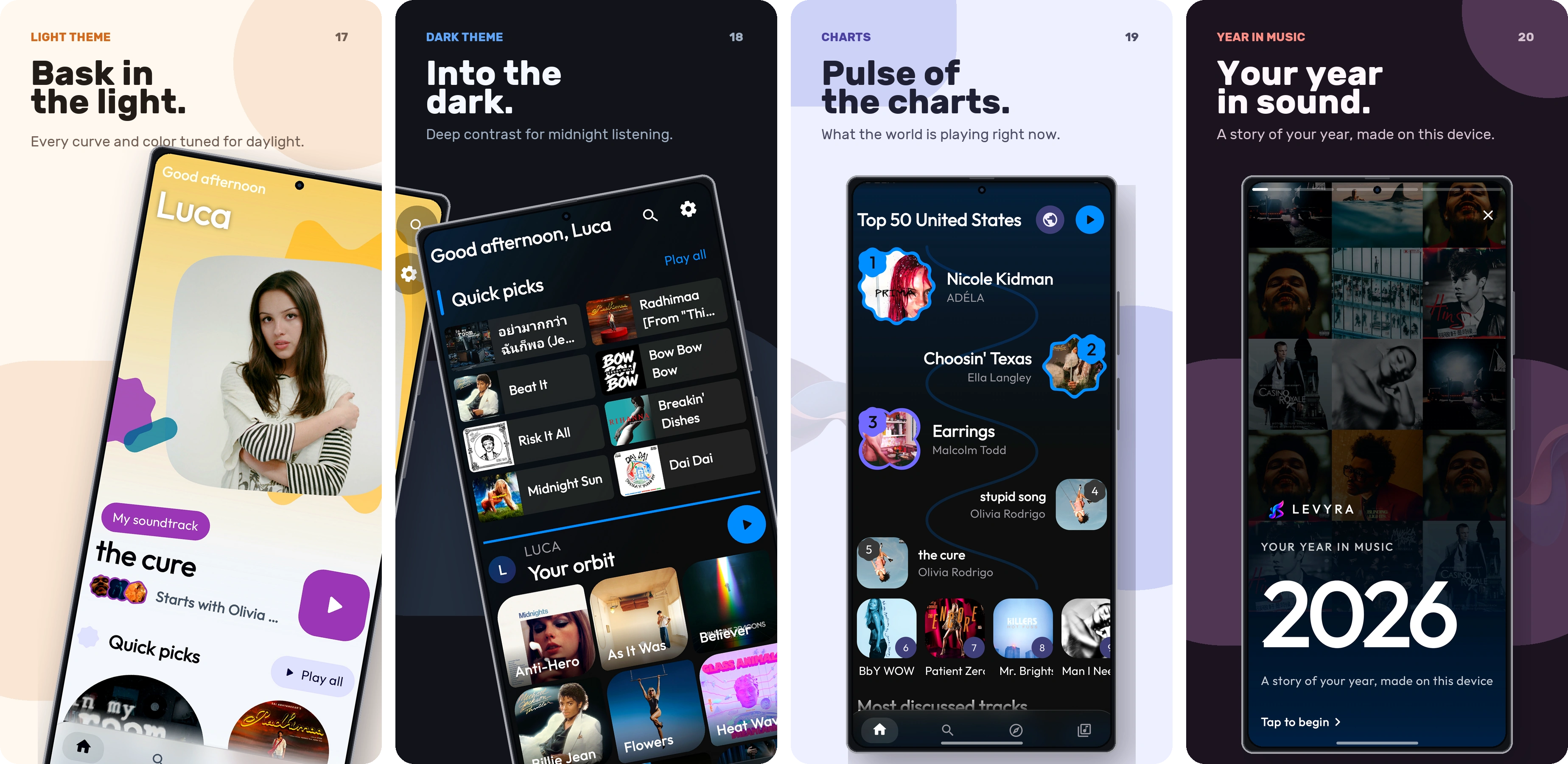 Levyra showcase: light theme, dark theme, top charts, and Year in Music