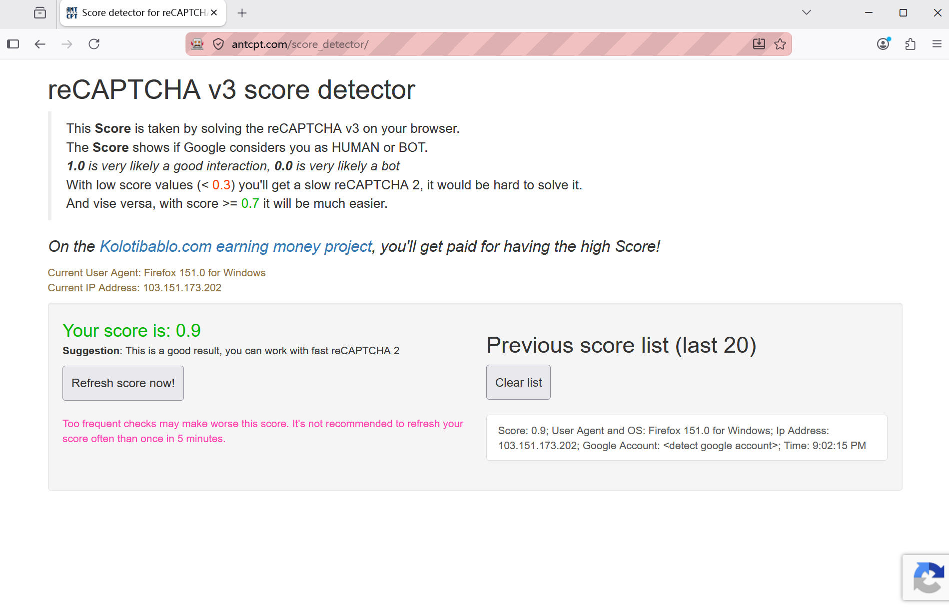 reCAPTCHA score 0.9