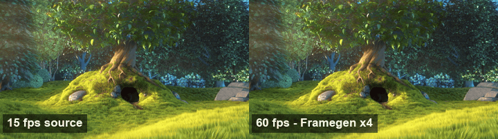 15 fps source vs Framegen x4 interpolation, side by side