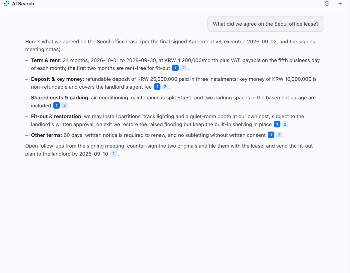 An answer about the Seoul office lease with numbered citations