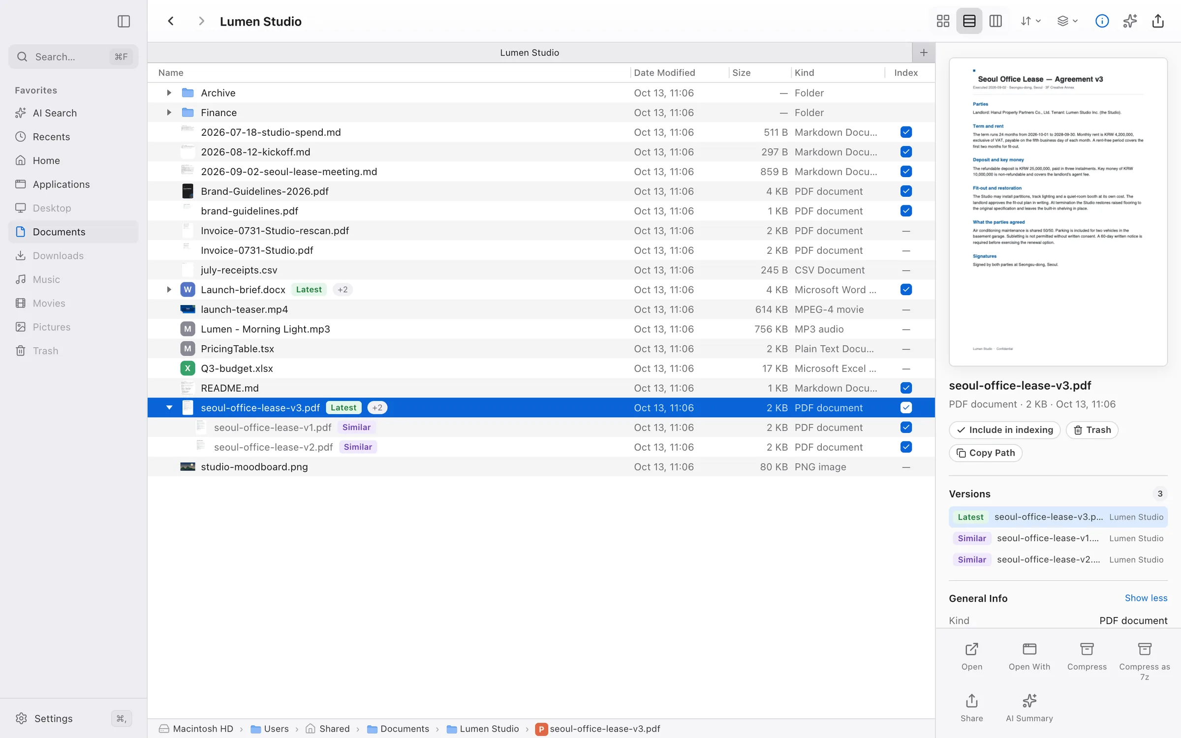 AutoRAG desktop app: a folder in list view with a version stack expanded and the index column