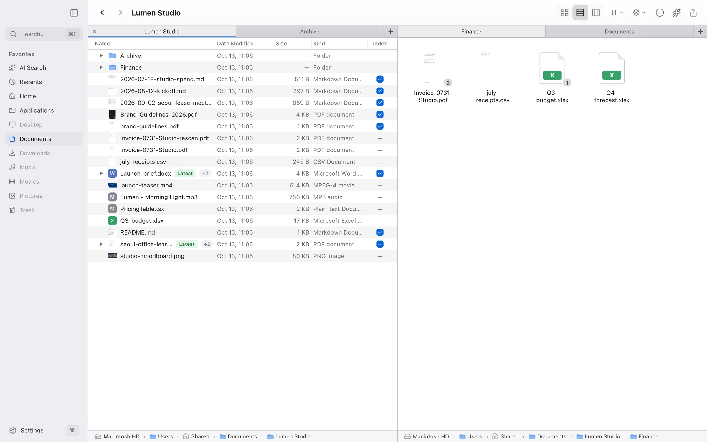 Two folder panes side by side, each with its own tabs