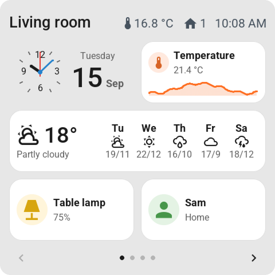 The living room page on the 4-inch Guition: an analog clock with the date, a temperature graph, the weather, the table lamp and Sam at home