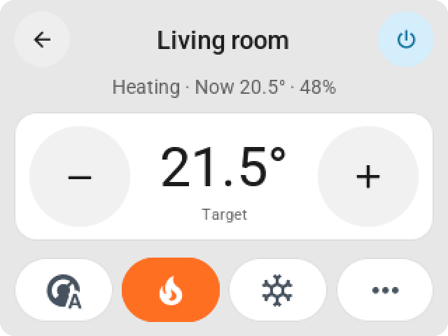 The climate card on the CYD: the target temperature with big minus and plus keys and one row of mode keys