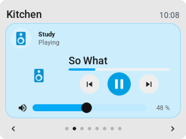 A media player over the whole CYD page: the icon at the left, the track and the keys beside it, the volume row along the bottom