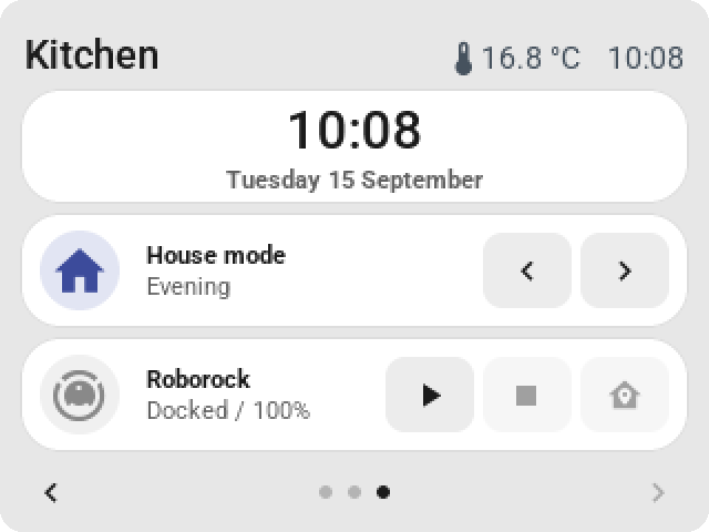 The CYD with a digital clock, previous and next for the house mode, and start, stop and dock for the robot vacuum