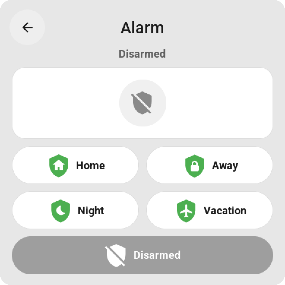 The alarm card: the shield in its circle, keys for Home, Away, Night and Vacation, and the Disarmed key