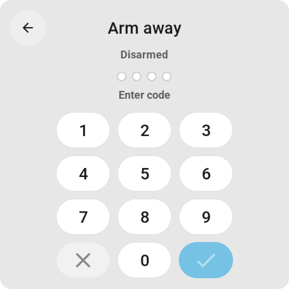 The keypad to arm away: four dots for the code, the digits 1 to 0, a clear key and a check key