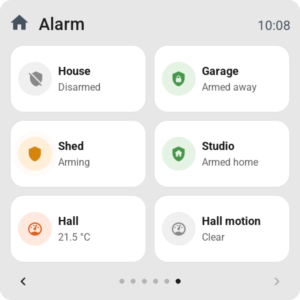 Four alarm panels as tiles: the house disarmed in grey, the garage armed away in green, the shed arming in orange and the studio armed home in green