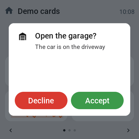 An alert on the Guition asking to open the garage, with a red Decline and a green Accept button side by side