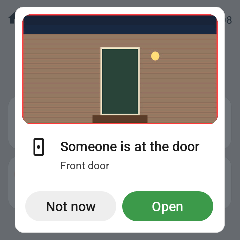 An alert on the Guition with the front door camera's picture and two buttons: Not now in grey and Open in green