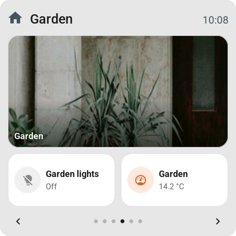 A garden camera on a tile of two by two cells, its picture filling the whole card with the camera's name at the bottom, above the garden lights and the garden temperature