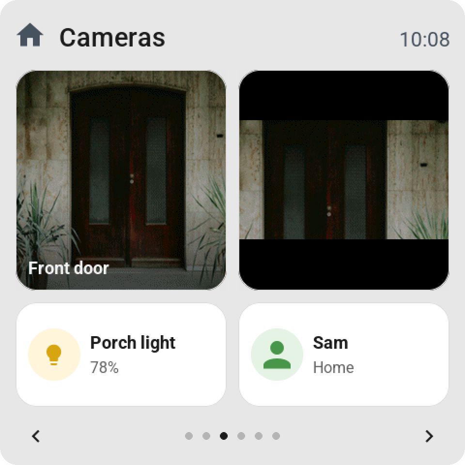 Cameras as tiles on the Guition: the front door camera filling a tall tile with its name at the bottom, a porch camera showing its whole picture with black above and below, the porch light and Sam at home