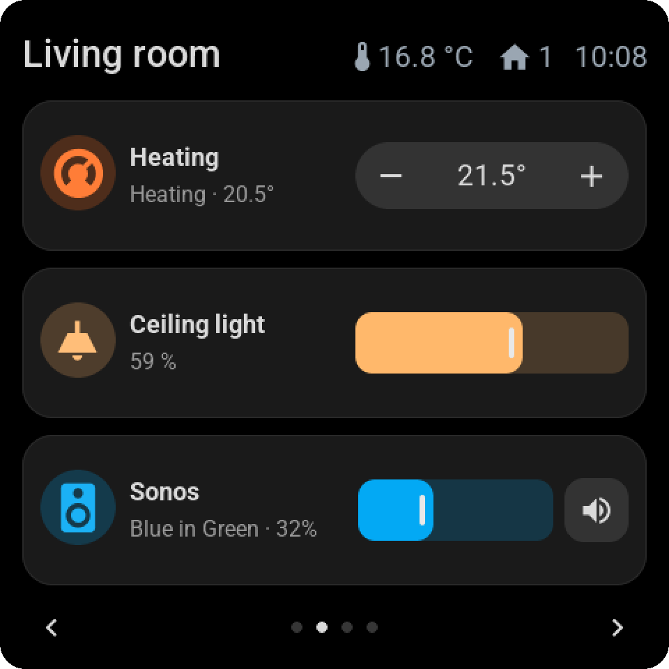 Dark mode with direct control: the heating setpoint, the dimmer's slider and the Sonos volume keep their colours