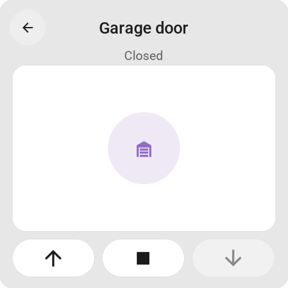 Cover card for a garage door that only opens and closes: its icon and the open, stop and close keys, close disabled while it is closed