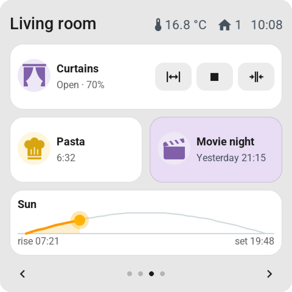 Curtains with open, stop and close, a kitchen timer counting down, a scene and the sun path