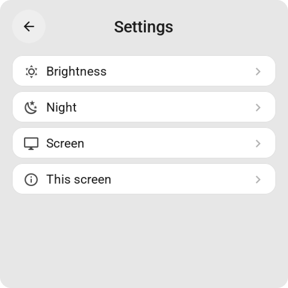 The settings menu on the Guition: Brightness, Night, Screen and This screen