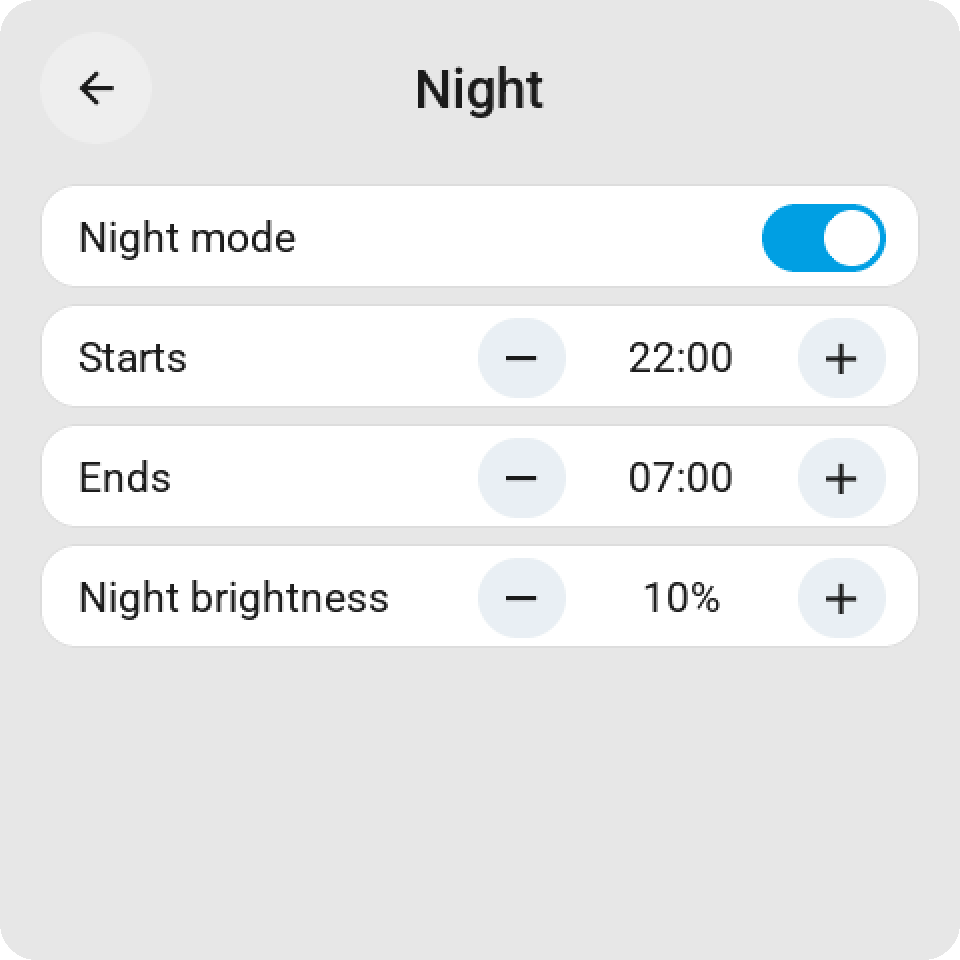 The Night page: Night mode on, starting at 22:00 and ending at 07:00, and the night brightness